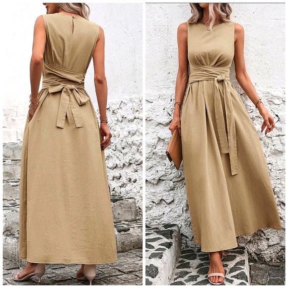 Boutique Dresses & Skirts - New Textured Cotton High Neck Wrap Tie Waist Maxi Dress Tan Camel Beige